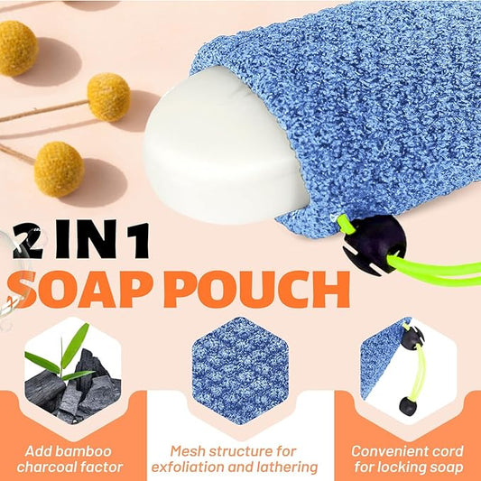 MIG4U Exfoliating Soap Bag for Shower 2 Pieces - Bar Soap Saver Pouch, Bamboo Body Scrubber Exfoliator Pocket in Travel Bathing, Blue