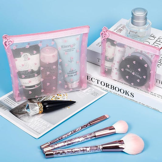 6 Pack Mini Zipper Mesh Makeup Bags, Heart Print Nylon Cosmetic Bags Toiletry Bags for Office Travel Organization (Widened-Pink, S)