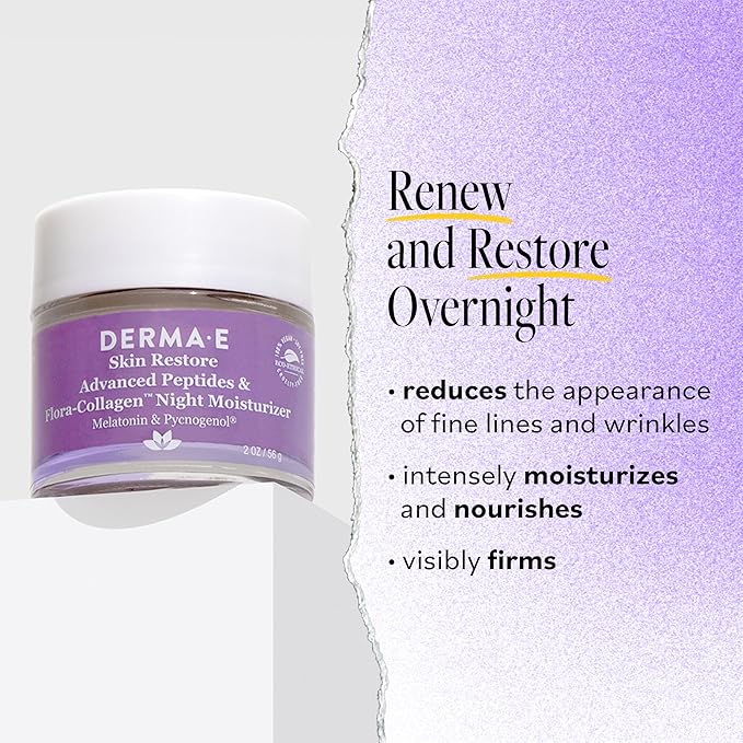 Derma E Advanced Peptides and Vegan Flora-Collagen Night Moisturizer β Hydrating Topical Facial Cream Improves Elasticity and Reduces Appearance of Lines and Wrinkles, 2 Oz