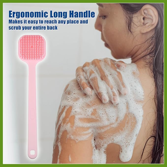 Soft Silicone Bath Brush, Non-Slip Back Scrubber Shower with Long Handle for Men and Women, Pink Beauty
