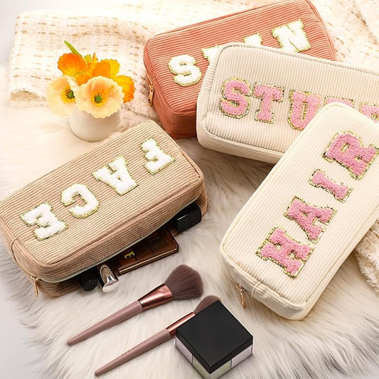 4 Pcs Preppy Patch Makeup Bag Corduroy Cosmetic Bag Makeup Accessories Skincare Pouch Chenille Letter Portable Zipper Face Pouch Cute Toiletry for Women Travel(Pink, Brown Series Color)