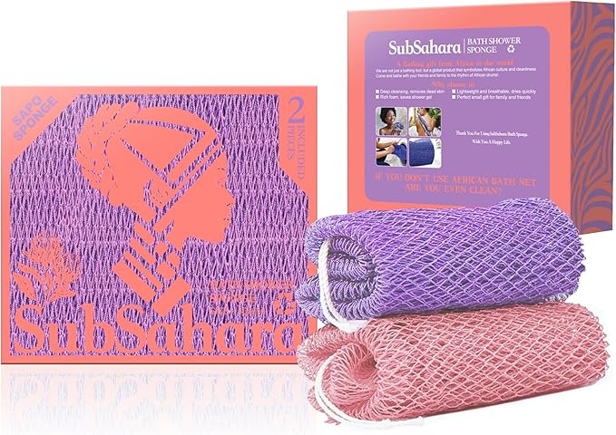SubSahara Authentic African Net Sponge - 2 Pieces Exfoliating Scrubber for All Skin Types, Bath Sponge for Face & Body, Travel Portable, Durable, Gentle Exfoliation (Blush Pink & Lavender Purple)