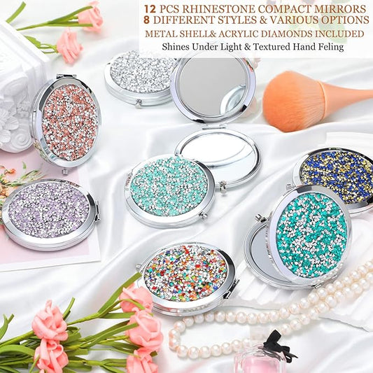 Cindeer 12 Pcs Small Compact Mirror Folding Pocket Makeup Round Hand Held Cosmetic Magnifying Compact Rhinestone Mirror with 1X/2X Magnification for Women Girls Travel (Bright Colors)