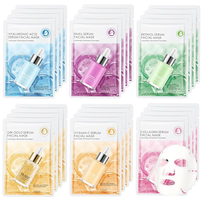 24 Pack Sheet Face Masks Skincare for All Skin Types, Gentle & Nourishing Skincare Face Masks, Suitable for Sensitive Skin, Bulk Facial Mask Set for Women & Face Spa