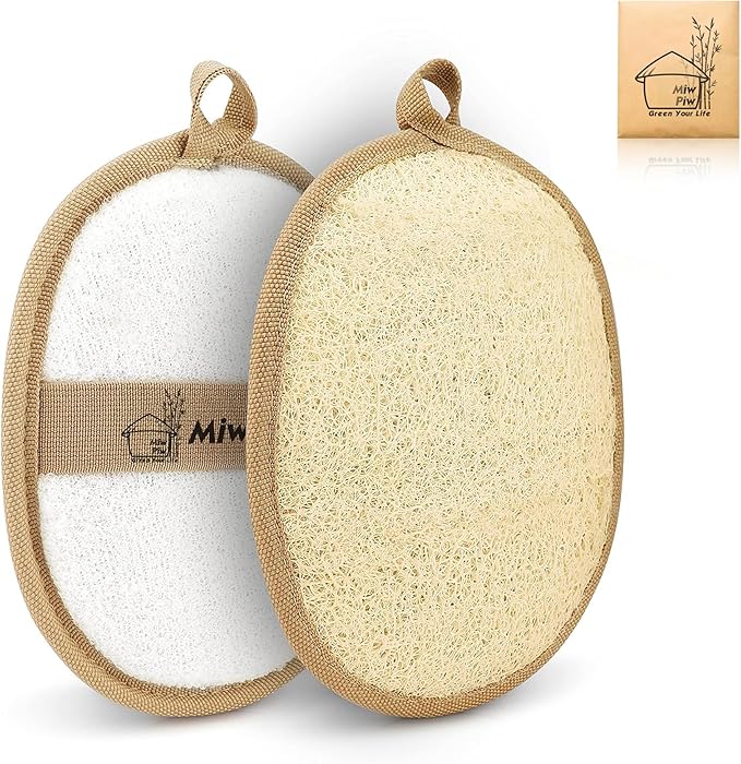 Natural Loofah Exfoliating Body Scrubber (Pack 2), Loofah Bath Sponge, Luffa for Women and Men, 100% Biodegradable Compostable, Dye Free, Zero Waste Eco Friendly Sustainable (4.7" x 6.3" Each)