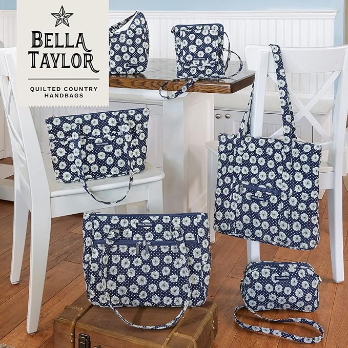 Bella Taylor Large Quilted Cotton Makeup Pouch for Women, Travel Cosmetic Bag, Quilted Cotton Dotted Daisy Navy Floral