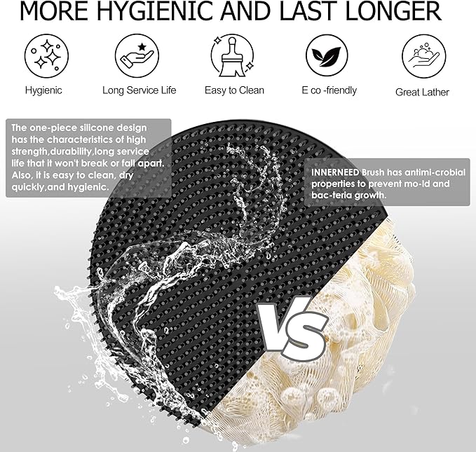 INNERNEED Food-Grade Soft Silicone Body Scrubber Shower Brush Handheld Cleansing Skin Brush, Gentle Exfoliating and Lather Well (Black+Gray)