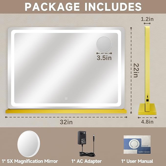 Large Vanity Mirror with Lights 32"x22", Lighted Makeup Mirror, Wall-mounted Hollywood Vanity Mirrors, Touch Sensor, 3-Color Lighting, 5X Magnification, USB Port for Vanity Desk Tabletop, Salon, Gold