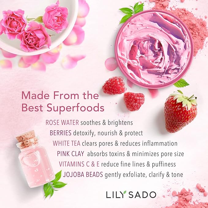 LILY SADO Rose Berry Pink Clay Mask w Rose Water & Fresh Berries - White Tea & Jojoba Beads Gently Exfoliate, Balance & Purify to Prevent Acne & Blackheads - 4 oz