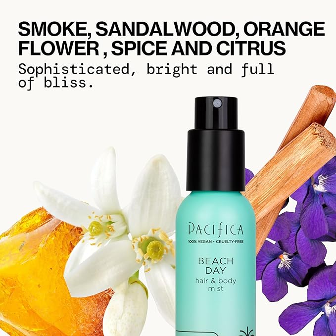 Pacifica Beach Day Hair Mist Perfume & Full Body Spray for Women - Body Mist Fragrance w/Bergamot, Orange Flower, Sandalwood, Amber, Musk & Suede Leather β Clean Beauty Alcohol-Free, Vegan 5 oz