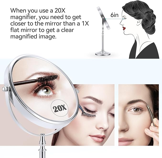 MIYADIVA Magnifying Mirror 20x, Double Sided 1X & 20X Magnifying Mirror on Stand, Large Tabletop Magnified Vanity Mirror, Magnified Mirrors with 360Β°Rotation for Bathroom or Bedroom,8 Inches