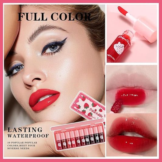 10 Colors Lip Tint Stain Set, Korean Moisturizing Lip Gloss Velvet Mini Liquid Lipstick, Multi-Use Lip and Cheek Tint, Non-Stick Cup, Lightweight, Long-Lasting Waterproof Lips Makeup