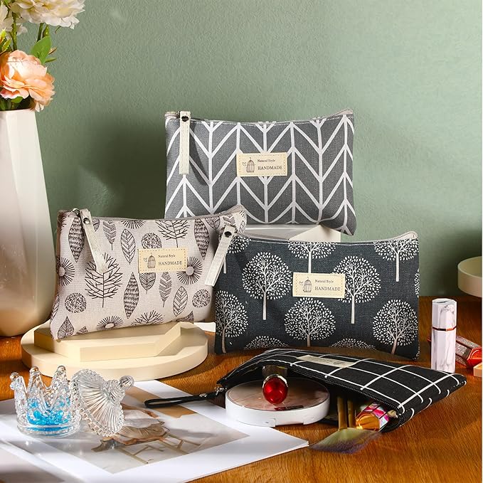 4 Pieces Canvas Cosmetic Bags Set pouches for purse with Zipper Multi Functional Canvas Travel Pouch for Women Girls Vacation Travel Toiletry Bag, 4 Styles (Arrow, Plaid, Tree, Leave, Big)