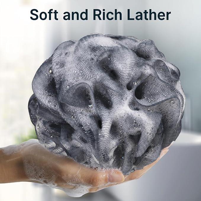 AmazerBath Loofah Sponge 60g/PCS, Shower Loofah for Men and Women - Body Scrubber Loofa Set of 3, Bath Sponge - Grey Blue-Pink-White
