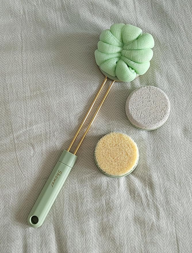3-in-1 Back Scrubber for Shower Soft Bath Brush Long Handle for Skin Exfoliating Double-Sided Bath Loofah Exfoliating Massage Bristles Suitable for Wet, Women & Men(Green) (RH660-GREEN)