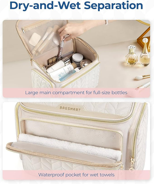 BAGSMART Travel Toiletry Bag, Large Wide-open Travel Bag for Toiletries, Makeup Cosmetic Travel Bag with Handle-Pink