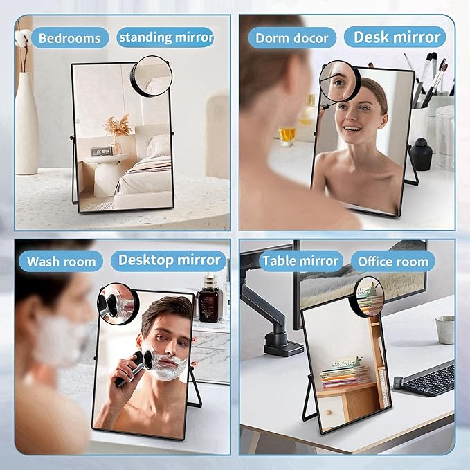 Desk Mirror, Tabletop Vanity Mirror, 360°Adjustable Rotation Vintage Metal Framed Table Mirror with Stand and 10X Magnifying, Room for Living Room, Bedroom, Tabletop, Bathroom (Black Rectangle)