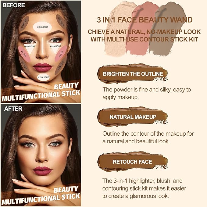 Lezero 3Pcs Contour Stick Makeup Kit, Shades with Highlighter, Blush and Bronzer Trio for Sculpt the Cheeks and Body, Longwear, Waterproof, Dewy & Matte Finish, MEDIUM (09,12,15)
