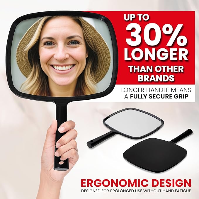 MIRRORVANA Hand Mirror with Ergonomic Handle - Handheld Mirror for Makeup, Home Haircuts, Dental and Barber Use, 8β x 11β (Black)