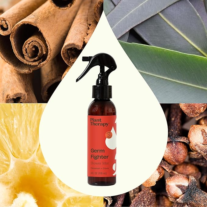 Plant Therapy Germ Fighter Shower Spray Mist 4 oz, for an Aromatherapy Shower Steamer Experience, Fresh & Spicy Aroma, Stimulating & Refreshing, Great for Morning & Evening