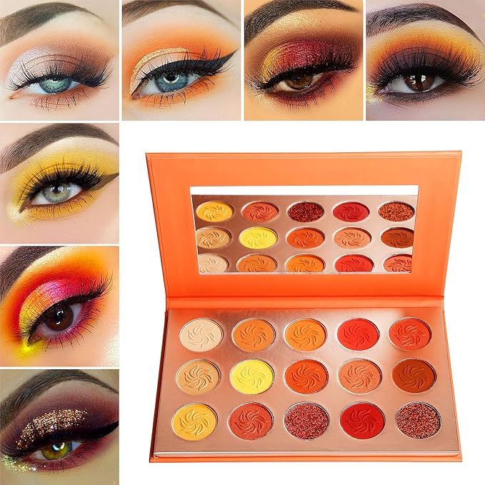 Afflano Red Orange Eyeshadow Palette Sunset 15 Color, Highly Pigmented Glam Fall Eye Shadow Makeup Palettes, Nudetude Brown Yellow Gold Orange Matte Glitter Shimmer Warm Eyeshadow Pallet