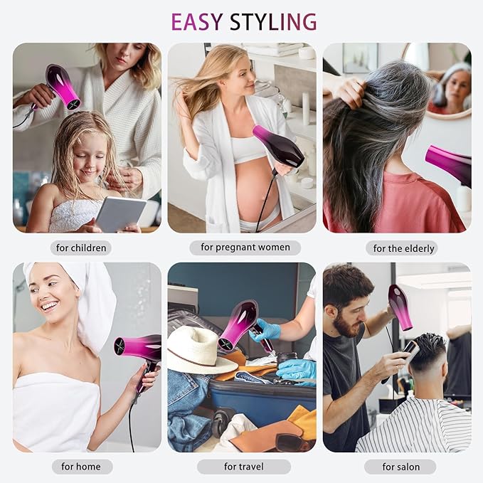 Ionic Hair Dryer,2400W Negative Ion Low Noise Hair Dryer Professional Fast Drying Hair Dryer with 2 Speeds, 3 Heat Settings, Cooling Button,with Diffuser for Curly and Straight Hair(Crimson Fade)