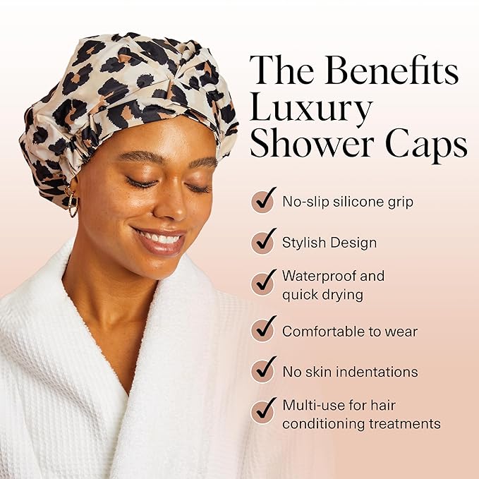 Kitsch Luxury Shower Caps for Women Reusable Waterproof - Large Shower Cap for Women and Men, Non-slip, Quick-dry Hair Cap for Long & Short Hair, Comfortable and Stylish Design - Leopard