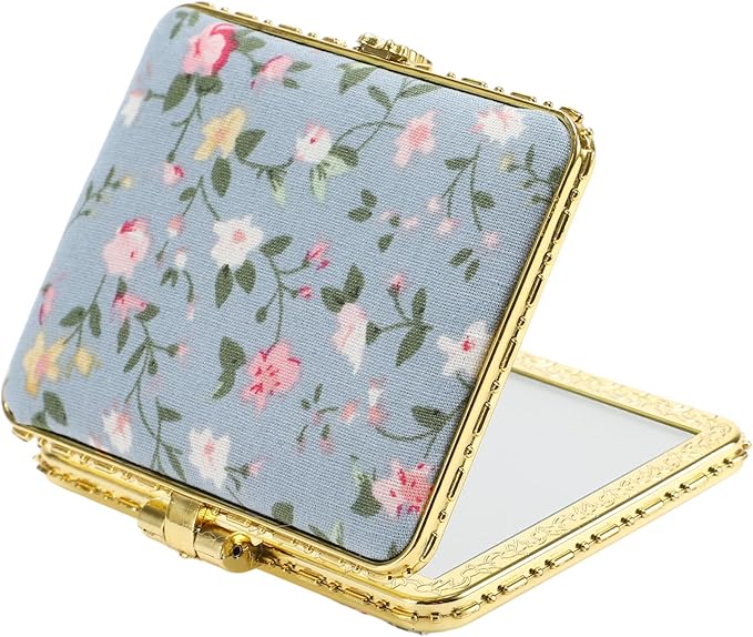 VOCOSTE Floral Compact Mirror - Folding Mini Travel Pocket Mirror for Women, Blue, Square
