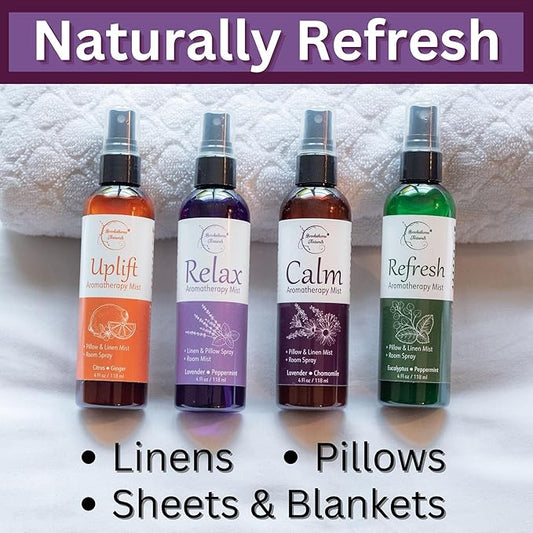 Aromatherapy Mist β Linen, Room & Pillow Spray, Set of 4 Natural Air Fresheners. Essential Oil Spray Variety Pack with Lavender, Chamomile, Eucalyptus, Peppermint & Citrus - Brookethorne Naturals