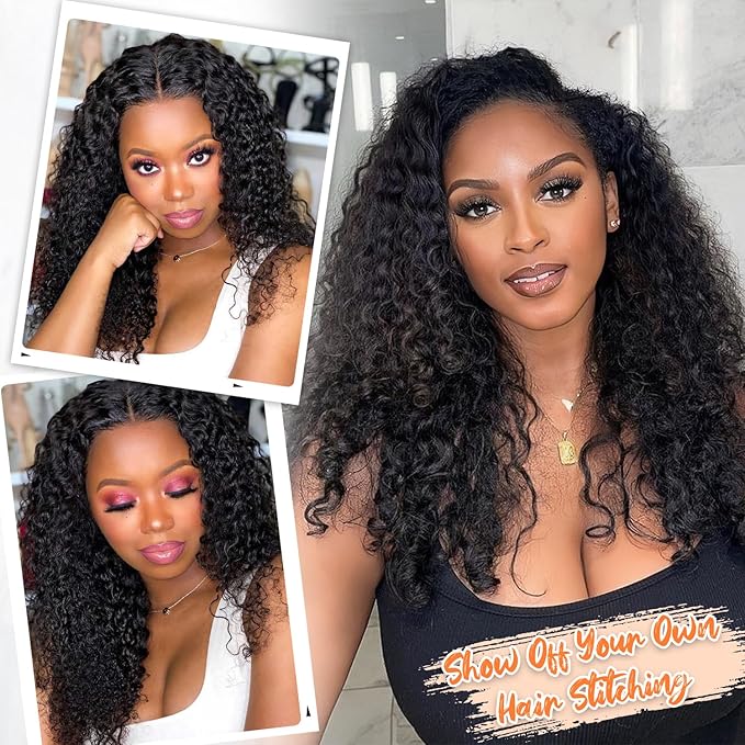 HUA V Part Curly Wig Human Hair 12 Inch Kinky Curly V Part Wig Human Hair Mixed Synthetic 180% Density Upgrade U Part Human Hair Wigs for Black Women Bob Wigs Shoulder Length Natural Black Color