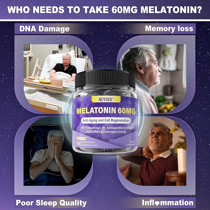 Antioxidant & Brain Support Melatonin 60mg 30mg for 50+ Adults | High Dose Melatonin for Anti-Aging & Immune | Extra Strength Melatonin Gummies with B6, Ashwagandha, Magnesium, MSM - 120 Gummies