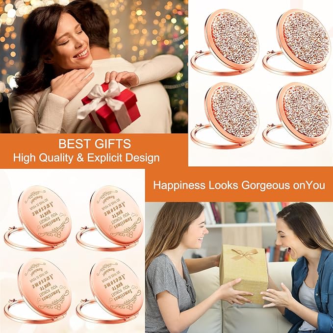 Cindeer 20 Pcs Small Compact Mirror Folding Pocket Makeup Round Hand Held Cosmetic Magnifying Compact Rhinestone Mirror with 1X/2X Magnification for Women Girls Travel (Gold Style)