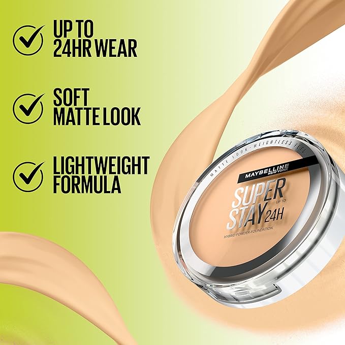 Maybelline Super Stay Up to 24HR Hybrid Powder-Foundation, Medium-to-Full Coverage Makeup, Matte Finish, 332, 1 Count