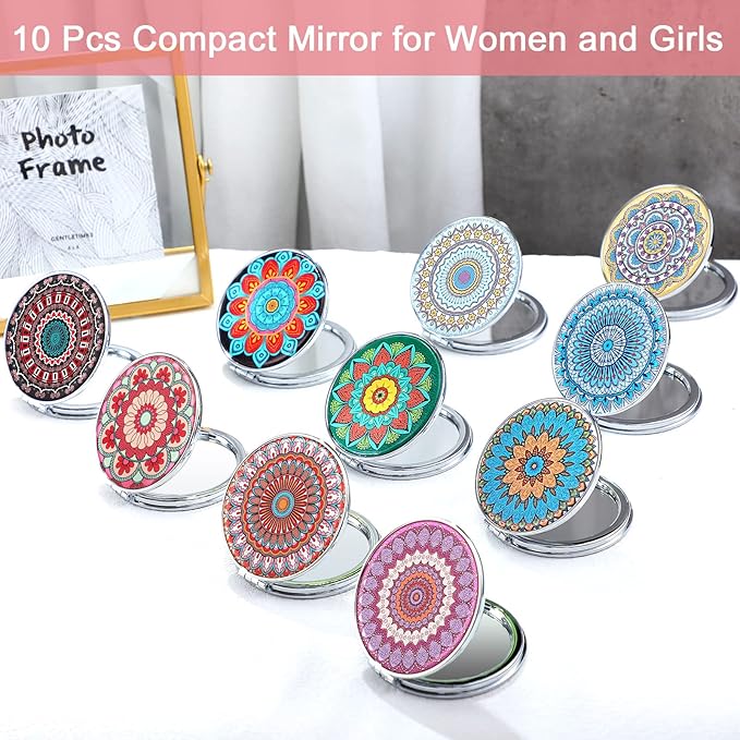 Berlune 10 Pcs Mandala Pocket Mirror Mini Travel Compact Makeup Mirrors Purses Accessories Hand Folding Beauty Mandala Designs Cosmetic Mirror Double-Sided 2 x Magnifying Supply for Girls Women