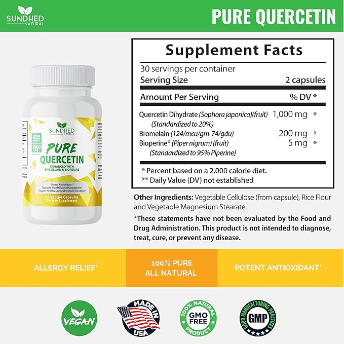 Pure Quercetin with Bromelain and Bioperine - Antioxidant Support, Extra Strong Formula with 1000mg, 1-Month Supply