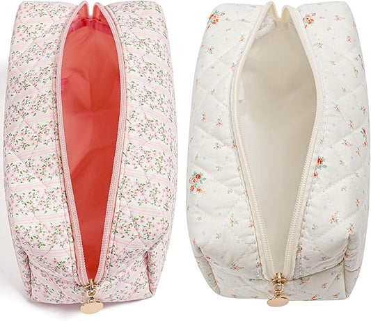 Makeup Bag Travel Cosmetic Bag for Women Girls, Zipper Make Up Pouch, Floral Flowers Toiletry Organizer Makeup, Portable Storage Cosmetic Travel Cloth Bag (Pink+White Small Flower)
