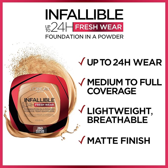 L'Oreal Paris Makeup Infallible Fresh Wear Foundation in a Powder, Up to 24H Wear, Waterproof, Pearl, 0.31 oz.