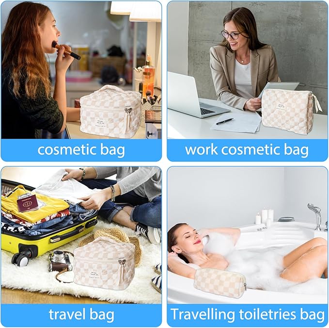 3 Piece Brown Checkered Corduroy Quilted Makeup Bag Set, Large Capacity Travel Makeup Bags for Women and Girls, Includes Small, Medium, and Large aesthetic makeup&Cosmetic Bags (3pcs-BrownCheckered)