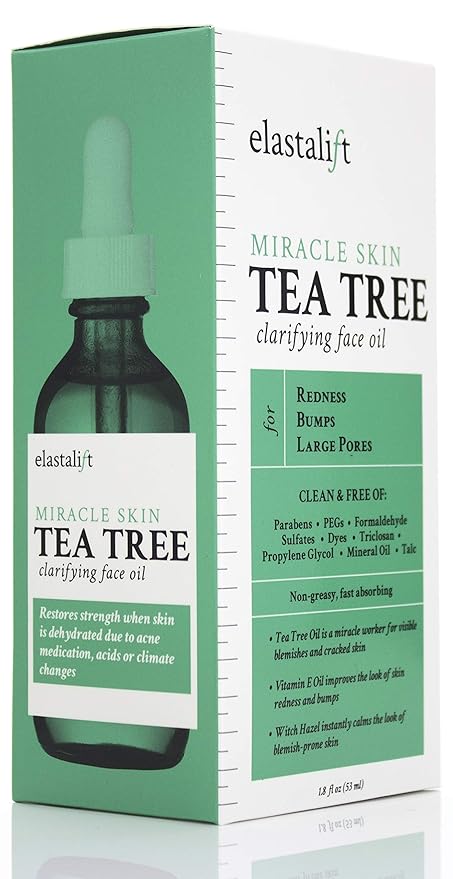 Elastalift Tea Tree Oil Facial Spot Treatment W/Witch Hazel Clarifying Tea Tree Oil For Face Helps Target Redness, Acne, Bumps, Dry Itchy Skin, & Large Pores. Non-Irritating Formula, 1.8 Fl Oz