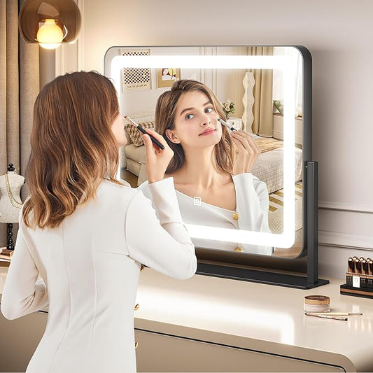 19.6"x15.7" Vanity Mirror with Lights, Large Lighted Mirror, LED Makeup Mirror with 3-Color Dimmable Modes and Smart Touch Control, Perfect for Desk or Bedroom, Vanity Desk Tabletop Makeup, White