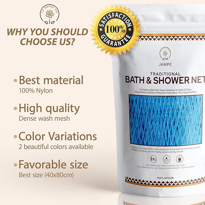 African Bath Sponge, Long Exfoliating Bath and Shower net, Body Scrubber and Back Scrubber, Skin Smoother, Our Premium Quality Design, Great for Daily Use