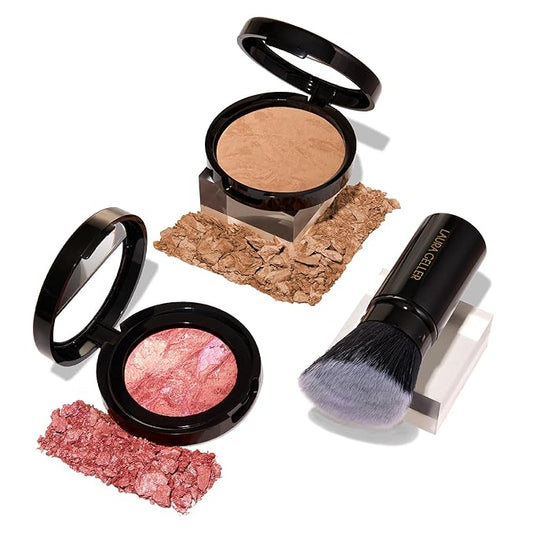 LAURA GELLER NEW YORK 40+ Club Blush-n-Balance 3pc Kit: Baked Balance-N-Brighten Color Correcting Foundation, Golden Medium + Retractable Kabuki Brush + Baked Blush-N-Brighten, Tropic Hues