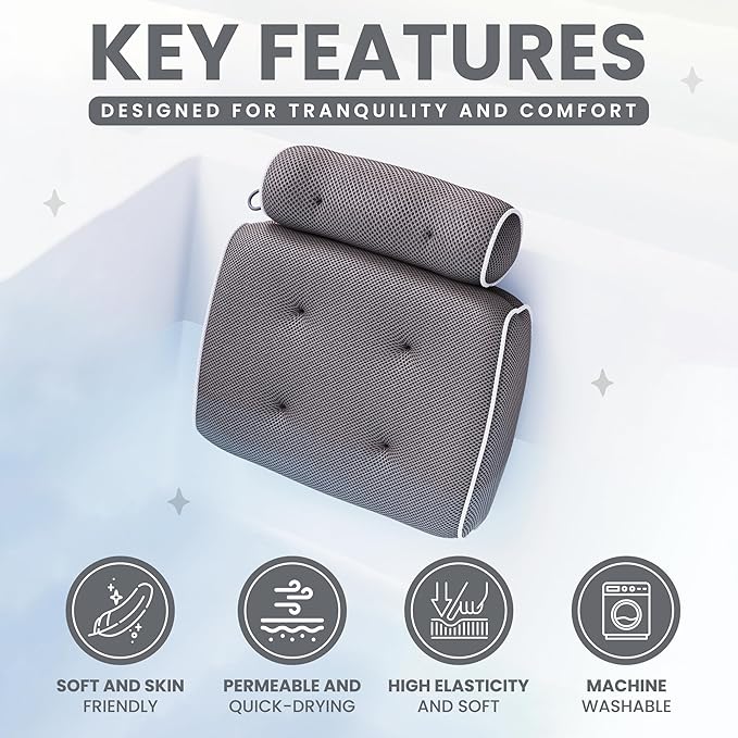 SunSerenity Luxury Bath Pillow - Relaxing Tub Accessory for Head and Back, Unscented Candle, Sponge Loofah, Laundry Bag, & Suction Tool (White on Grey)