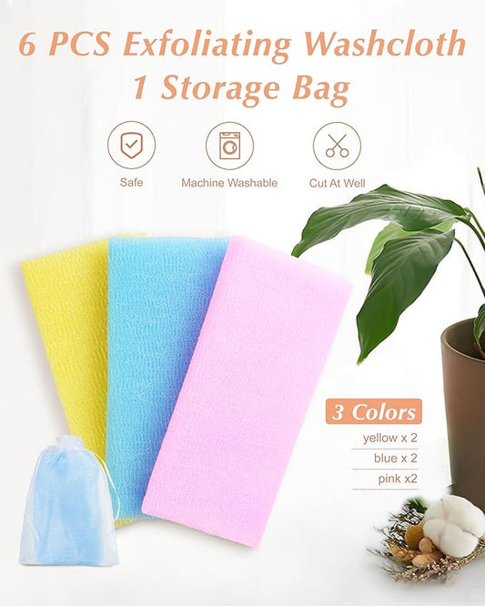6 PCS Exfoliating Washcloth, 35 Inch 3 Colors Nylon Bath Exfoliating Towel for Shower, Colorful Japanese Washcloth, Exfoliating Body Scrubber (Blue, Yellow, Pink)
