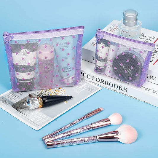 6 Pack Mini Zipper Mesh Makeup Bags, Heart Print Nylon Cosmetic Bags Toiletry Bags for Office Travel Organization (Widened-Purple, S)