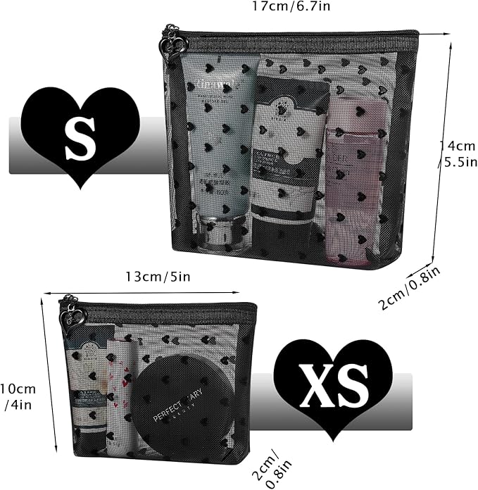 6 Pack Mini Zipper Mesh Makeup Bags, Heart Print Nylon Cosmetic Bags Toiletry Bags for Office Travel Organization (Widened-Black, XS)
