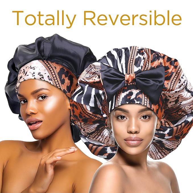 DONNA Jumbo Bow Ribbon Bonnet 1pc Satin Bonnet for Sleeping Removable Reversible Bow Ribbon for Women with Curly Hair, Crochet Hairstyles Silk Hair Accessories Shower Cap Multi Animal Pattern