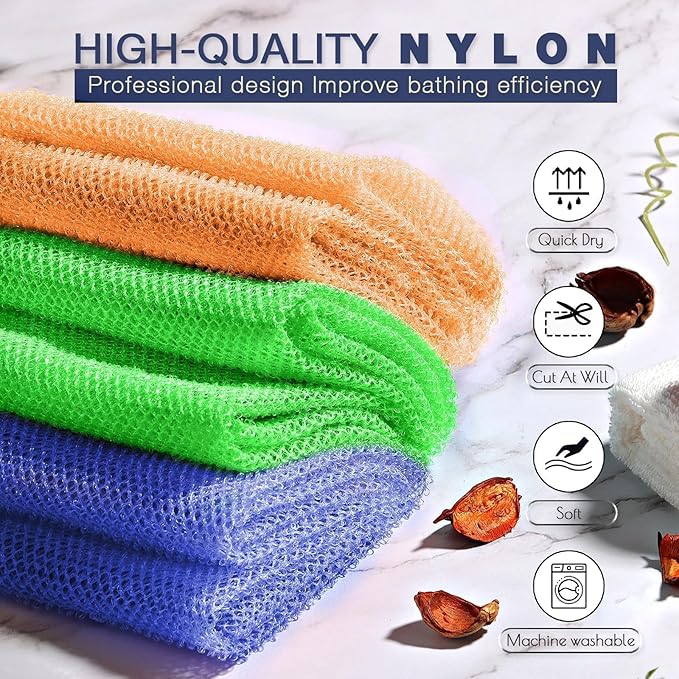 3 Pieces African Bath Sponge African Net Long Net Bath Sponge Exfoliating Shower Body Scrubber Back Scrubber Skin Smoother,Great for Daily Use (Orange、Blue、Green)