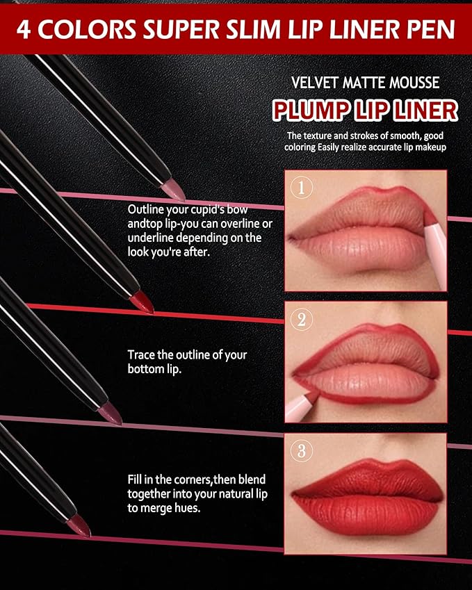 4 Color Retractable Creamy Long-Lasting Lip Liner Lipstick,High Pigmented Matte Red Nude Lip Gloss Lip Liner Pencil Set,Waterproof Velvet Lip Stick High Pigmented Lip Crayon Pen for Women Daily Makeup
