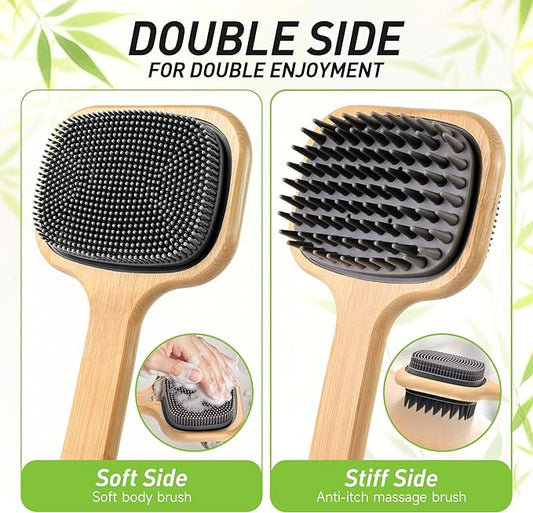 Back Brush for Shower, 16.92'' Dual-Sided Silicone Bristles Shower Scrubber for Body, Thickening Bamboo Handle, Wall Mounted, Wet or Dry Use for Bath, Massage, Itch Relief, Personal Care Gift